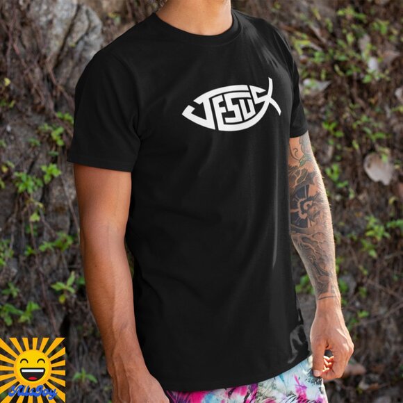 JESUS FISH Graphic Tee Black T-Shirt - Picture 1 of 2